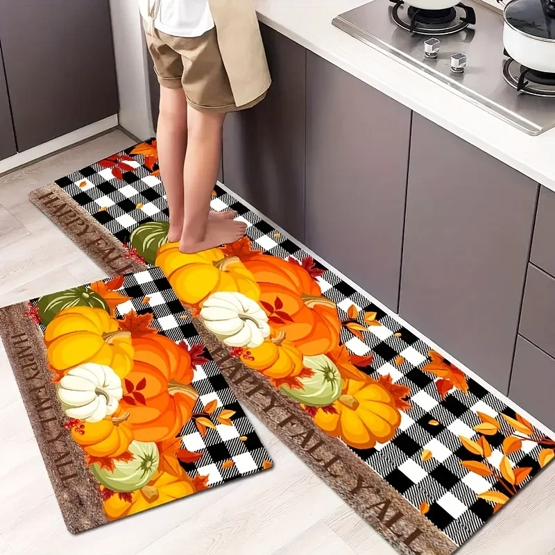 Thanksgiving Pumpkin Maple Leaf Kitchen Floor Mat Decor Carpet for Living Room Bedroom Hallway Balcony Rugs Anti-Slip Doormat 4