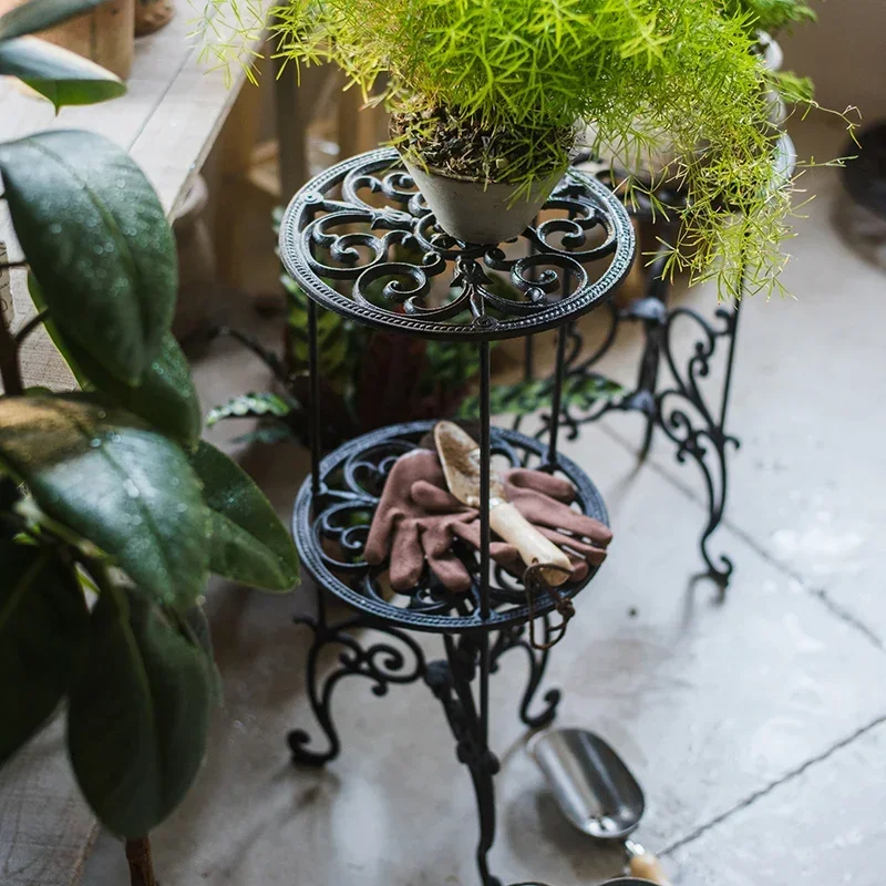 Outdoor Courtyard Plant Stand 2-Layers Cast Iron Flower Base Hollow Out Pattern, Plant Display, Garden Decoration, Storage Shelf