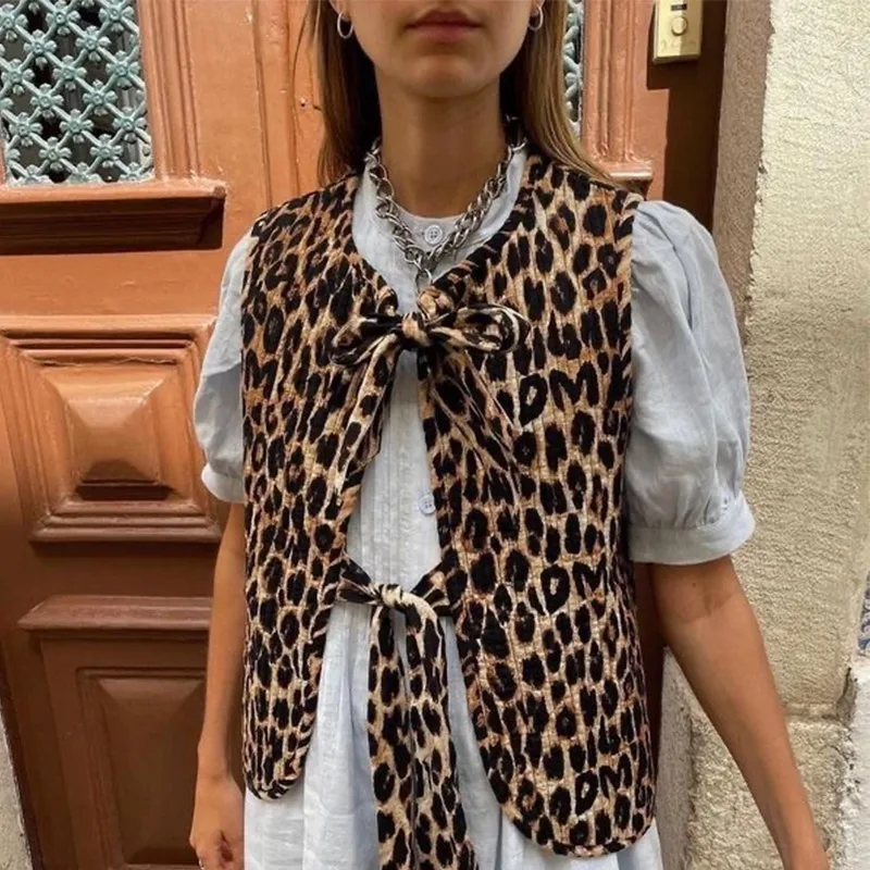 Chic Leopard Printed Lace Up Top For Women Casual V Neck Sleeveless Vest New Spring Summer Female High Street Wasitcoat