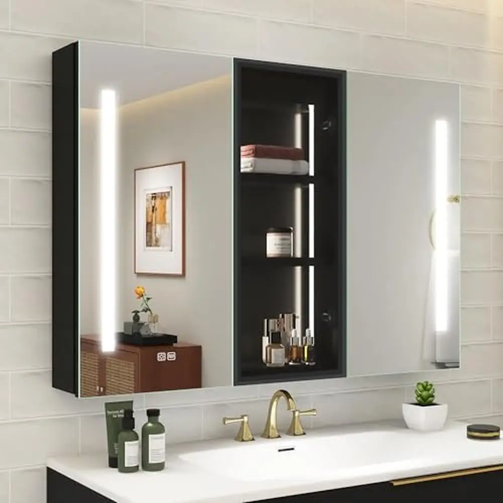 3 Color Adjustment Dimmable LED Mirror Wood Bathroom Medicine Cabinet