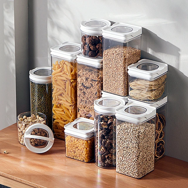 Transparent Plastic Food Container with Handle Lid Bulk Cereals Organizer  Seal Spices Cookie Jar Kitchen Fridge