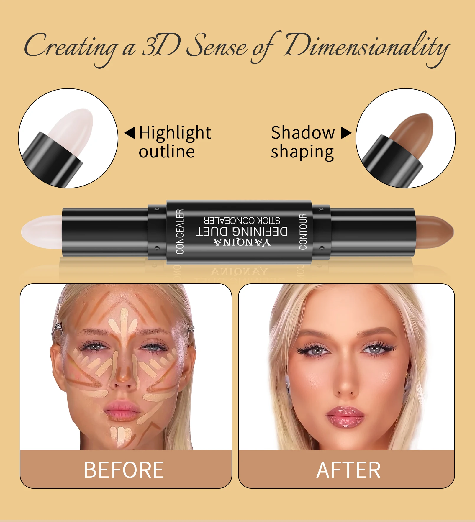 Description Picture 5 of itemContour Stick Duo, Double-Ended Highlight and Shadow Cream, Waterproof Full Coverage Concealer, Natural Finish Makeup for All Sk