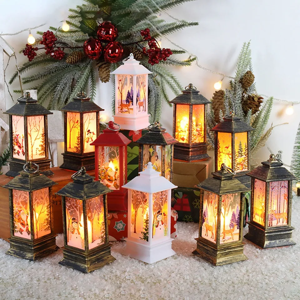 2 lanterne decorative natalizie con LED, decorazione natalizia, Babbo Natale, pupazzo di neve, casa, lanterna da appendere, decorazione natalizia, lanterna illuminata, luce bianca calda