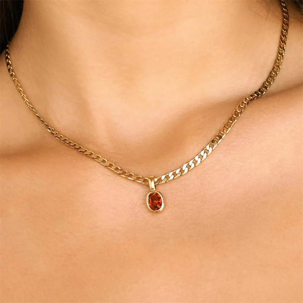 Fashion Multicolour Crystal Pendant Neckalce 18K Gold Plated Sparkle Oval CZ Zircon Choker Birthday Gift Stainless Steel Jewelry