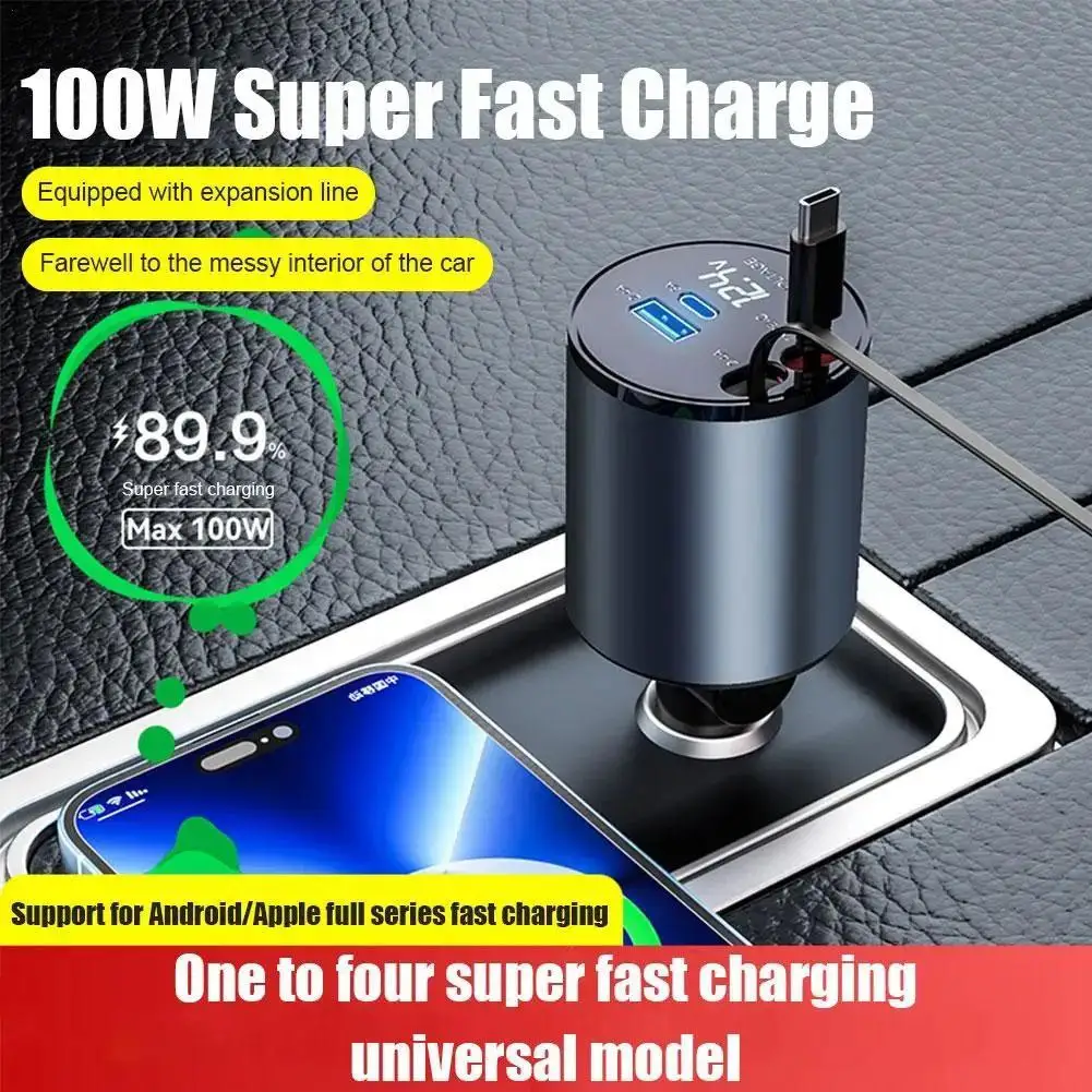 

4 In1 Fast Charger 100W Retractable Car Charger Type C Cable For IPhone For Samsung Fast Charge Cord Cigarette Lighter Adapter