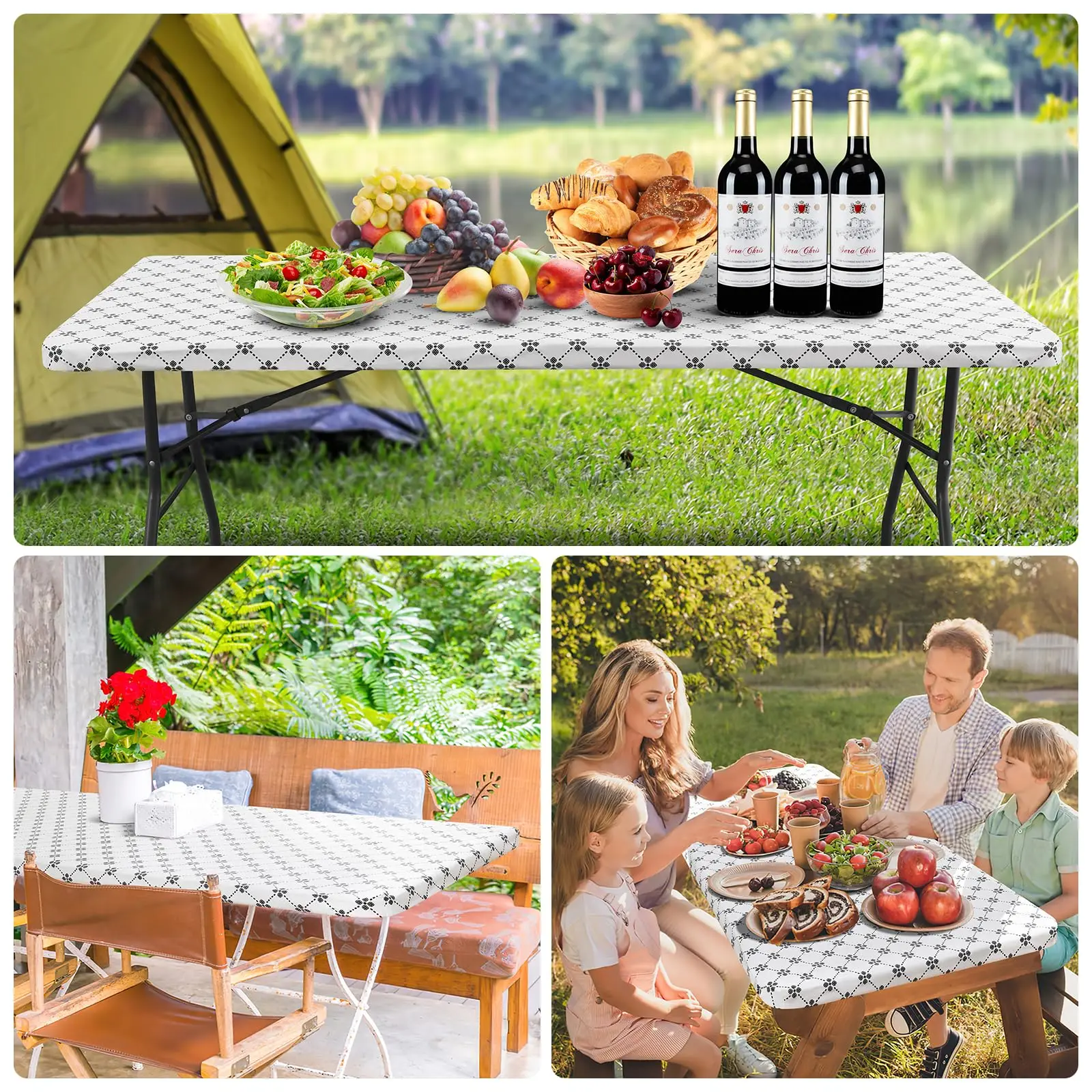 Rectangular table cloth Olanly vinyl elastic fitted with flannel backing waterproof plastic for camp