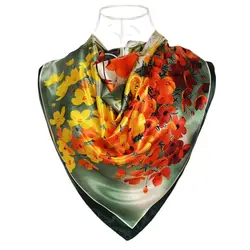 Elegant Navy Blue Silk Scarf with Chinese Rose Design - Large Square Ladies' Fashion Accessory (Green floral)