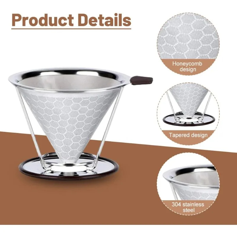 Stainless Steel Cone Coffee Filter Reusable Paperless Dripper with Non-Slip Cup Holder Single Cup Coffee Brewing  Tool