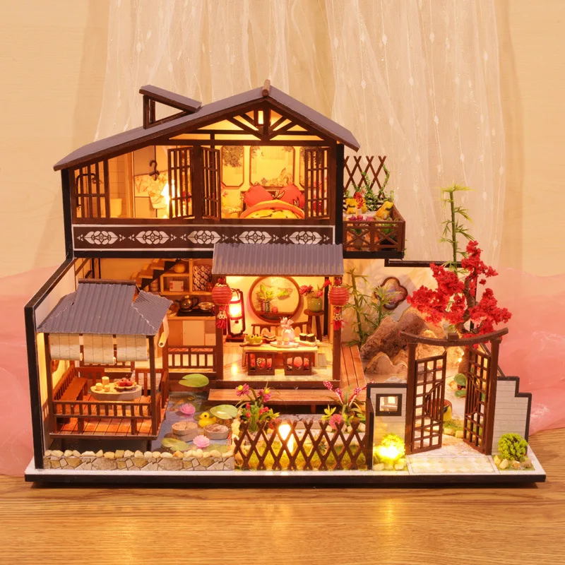 DIY 나무 미니어처 모델 키트 일본 카사 인형 집, 친구 생일 선물용 가구 조명 포함 3D 퍼즐 인형 집