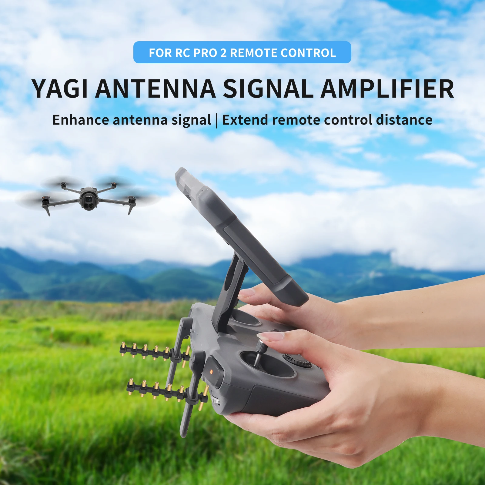 Amplificateur de Signal Antenne Yagi pour DJI RC2/RCPRO2 installé sur un drone en vol, portée et stabilité améliorées.