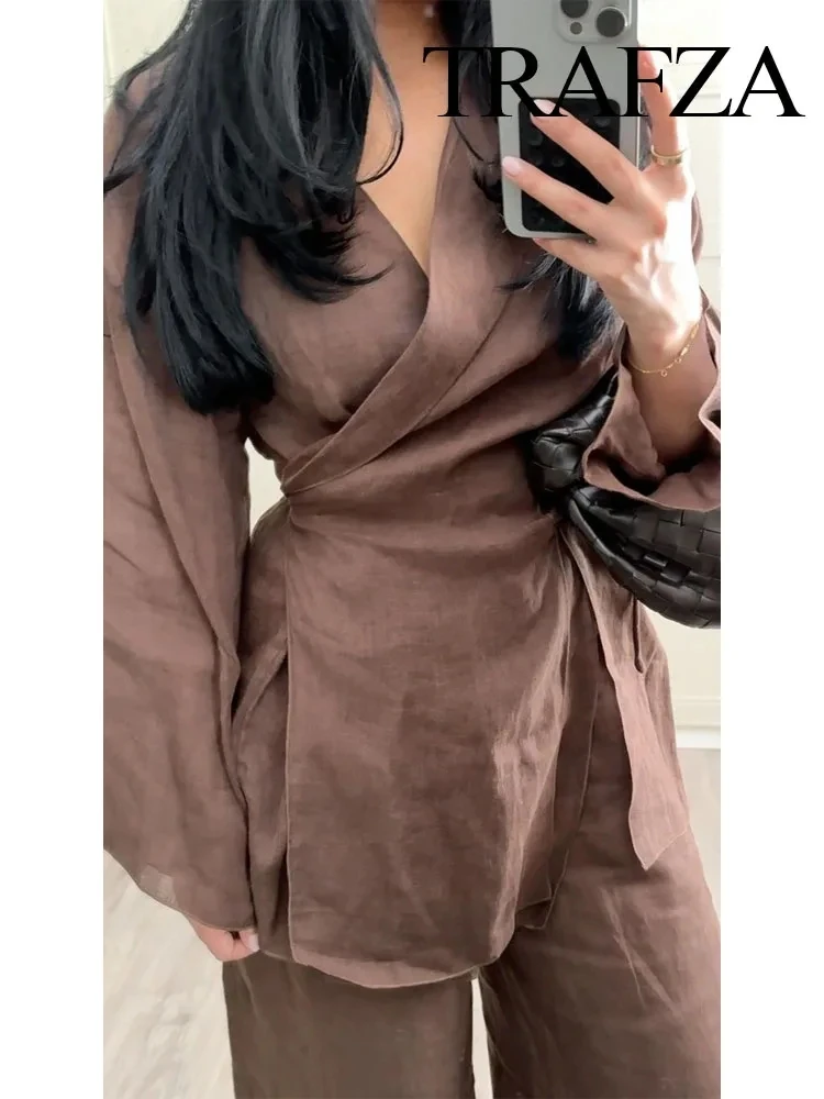 TRAFZA Women's Summer Fashion Linen Solid Color Shirt Set Belted Cardigan Kimono Top + High Waist Women's Pleated Pants 2-piece 2