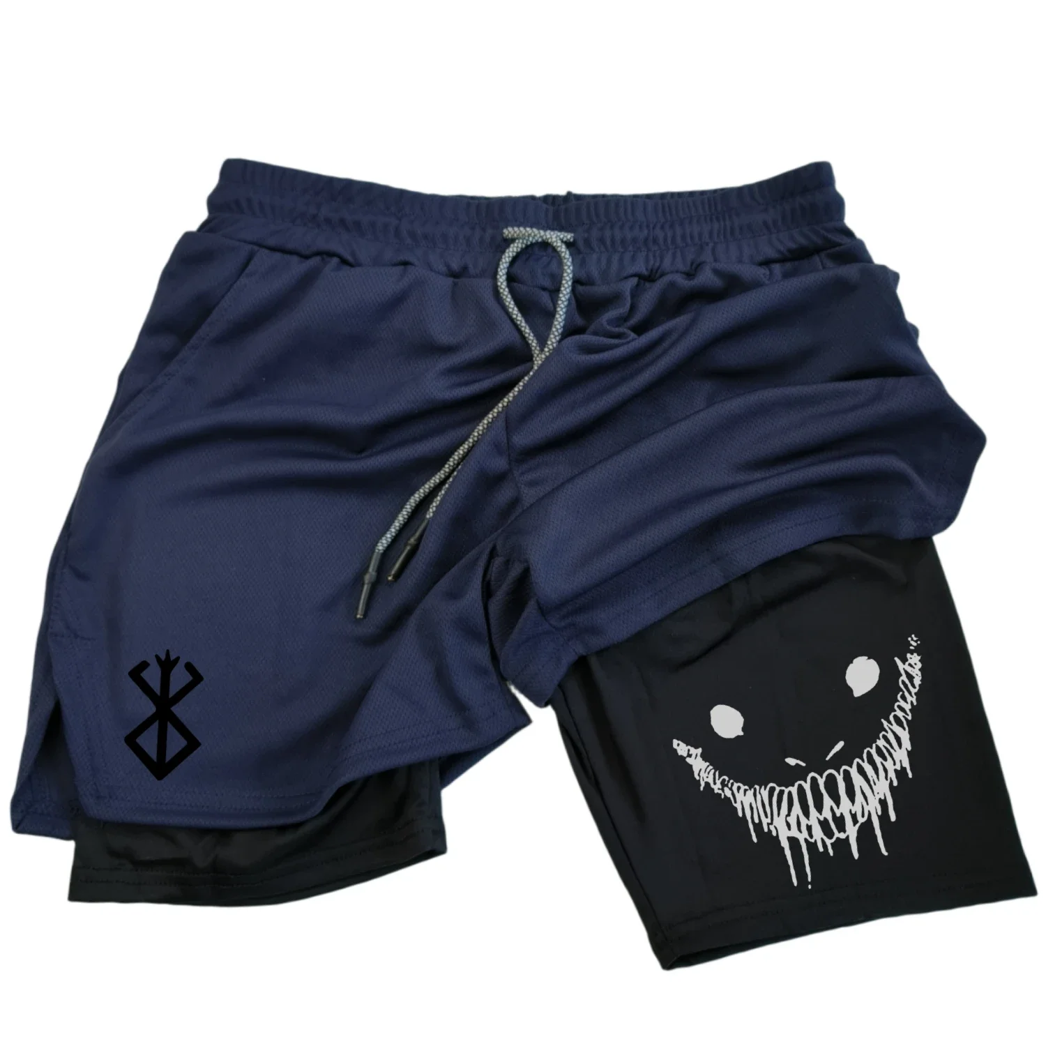 2 in 1 Sports Shorts Men Fitness Gym Training Quick Dry Shorts Workout Jogging Double Deck Summer Anime Berserk 3