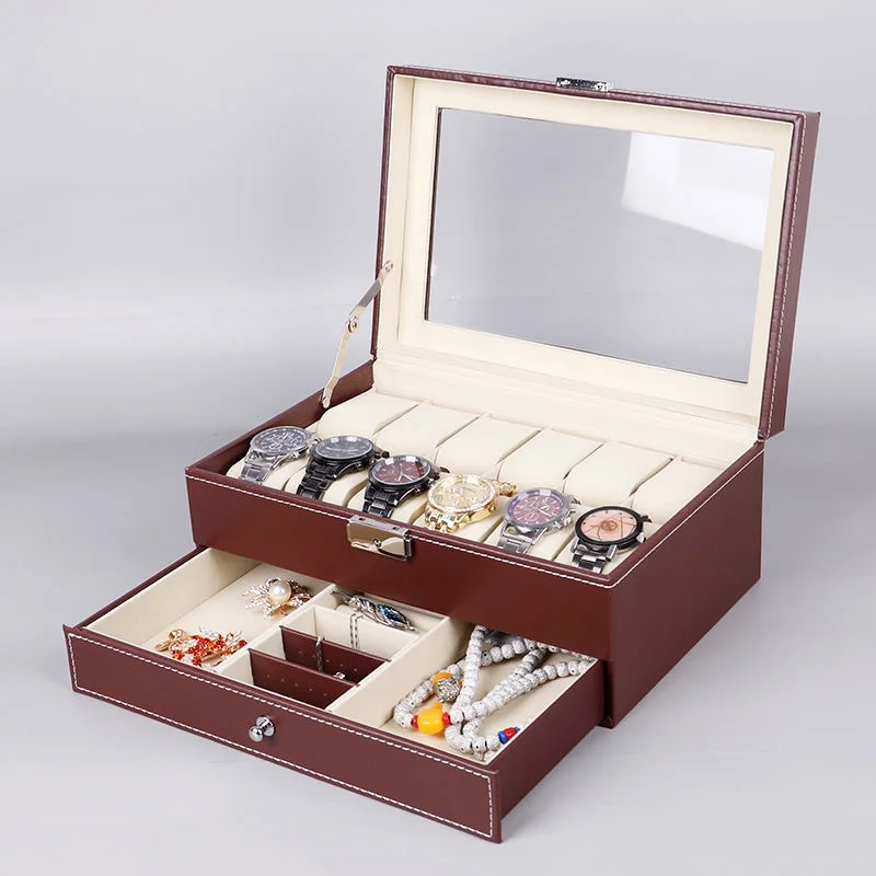 12-Slot PU Leather Lockable Watch Storage Box with Two-Tier Organizer, Secure Jewelry D... - SKU LWSB1516 - UGI Packaging