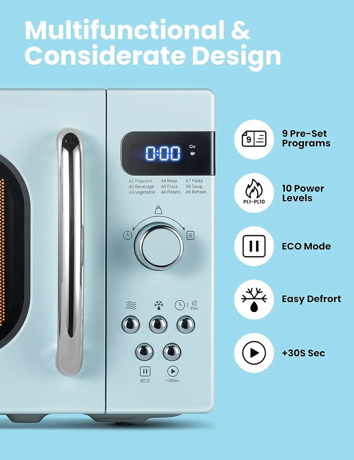 Retro Small Microwave Oven With Compact Size, 9 Preset Menus, Position-Memory Turntable, Mute Function, Countertop Micro 6