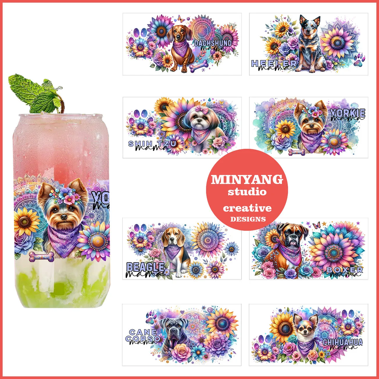 3D Stickers Cup Wraps Sticker Cups UV DTF Wrap Transfer Dog UV DTF sticker peel waterproof DIY Decals 3D transfers uvdtf crystal stickers 16oz uv dtf cup wraps for Libbey Glasses