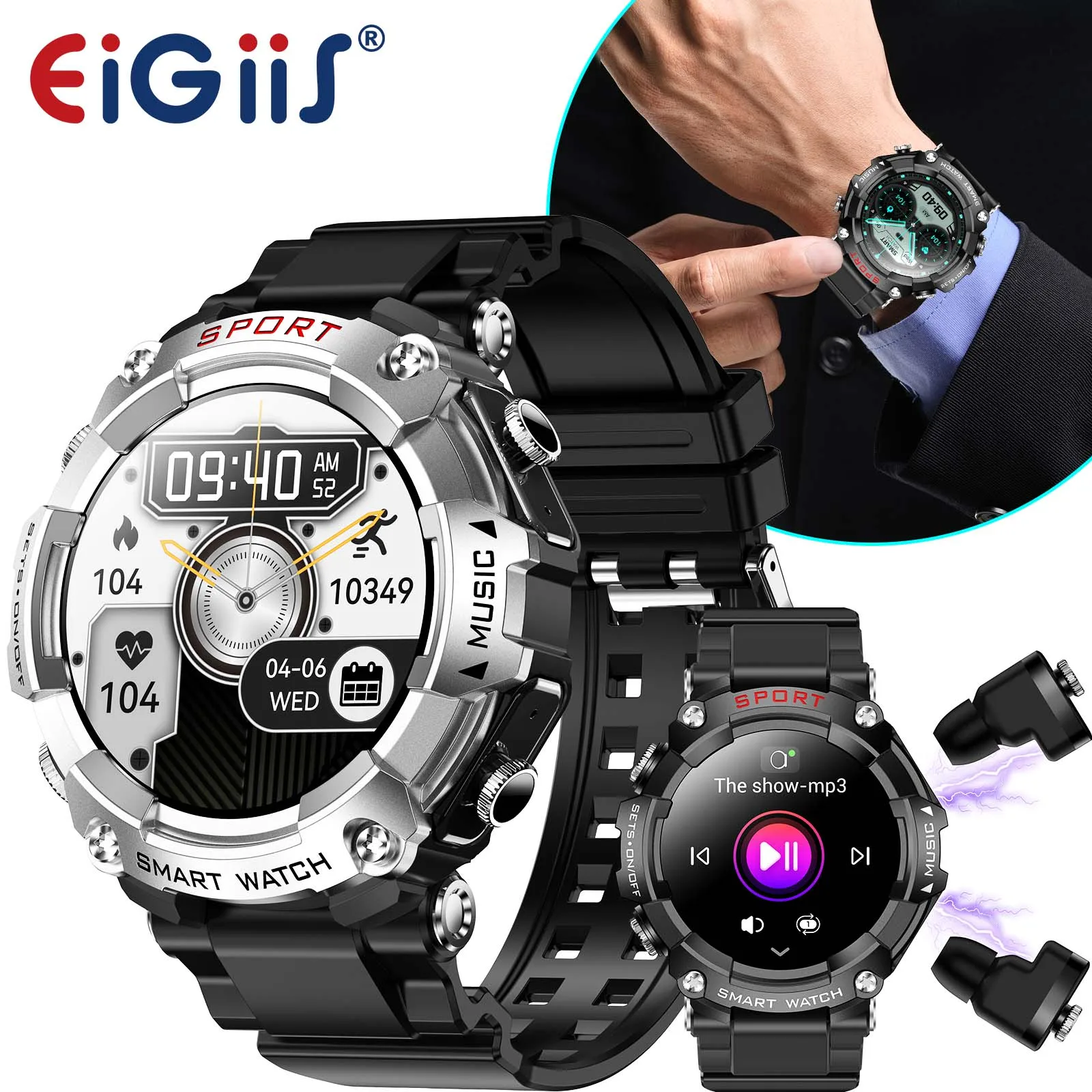 EIGIIS Smart Watch AMOLED Display With In-Ear Bluetooth Headset Heart Rate Blood Pressure Oxygen Saturation Monitoring HD Audio