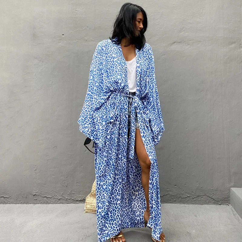 Sexy Bikini Cover-ups Deep V Neck Long Cardigan Tunic  Printed Summer Beach Dress Kimono Women Clothes Beachwear Swim Suit Cover
