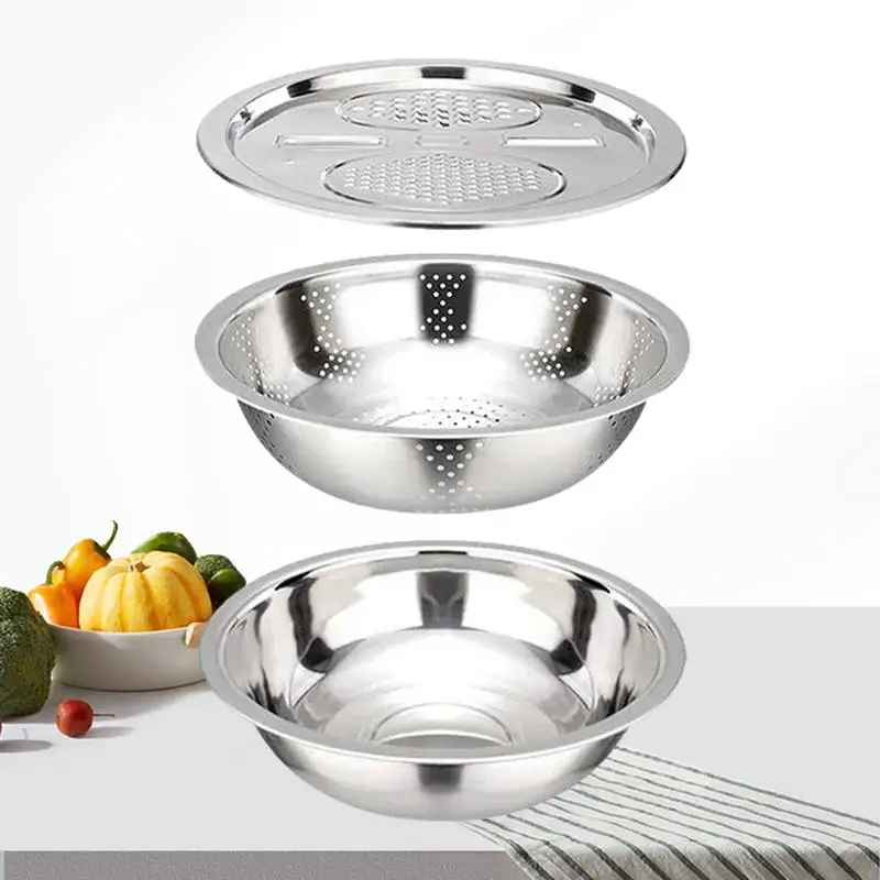 

Multifunctional Stainless Steel Basin Three-piece Set Home Kitchen gadgets Rice Washing Sieve Drain Basin Products For Cucumber
