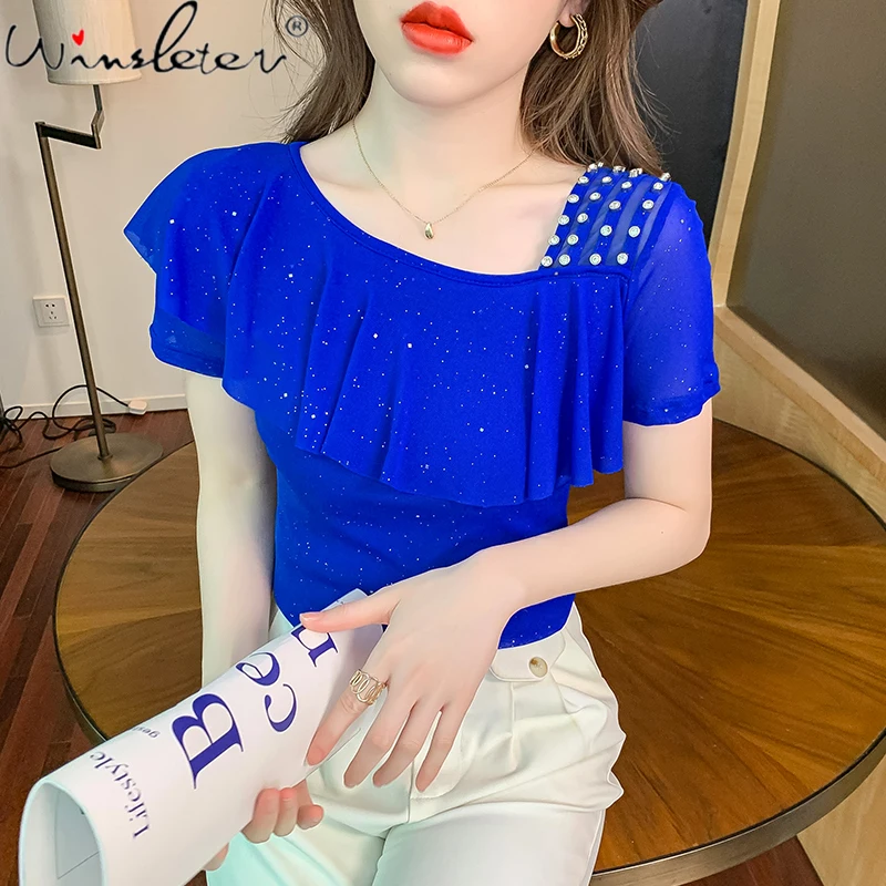 

Summer 2022 Mesh T-Shirt Women Handmade Diamonds Ruffles Women Tops Tees Slim Sexy Oblique Collar Short Sleeve New T26201