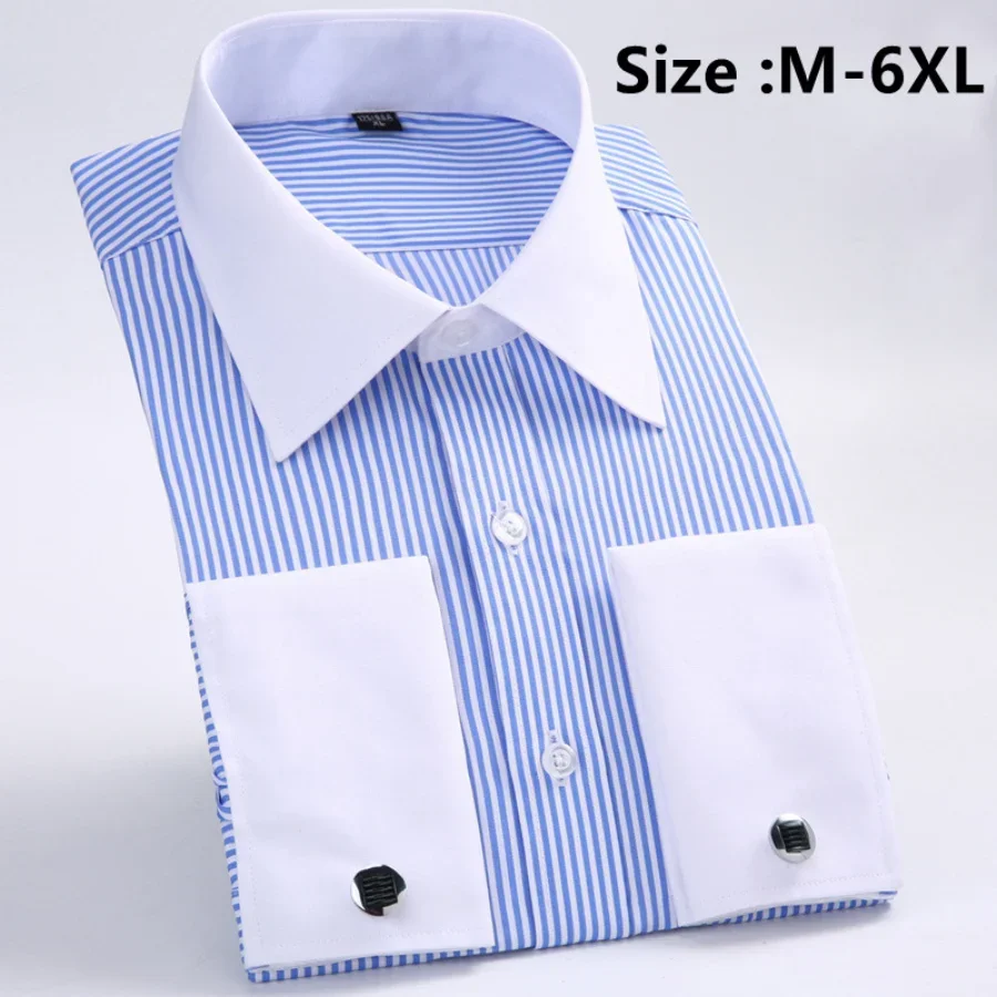 2024Quality Gentle Formal Mens French Cuff Dress Shirt Men Long Sleeve Solid Striped Men's Shirts Cufflink Include Casual Shirts