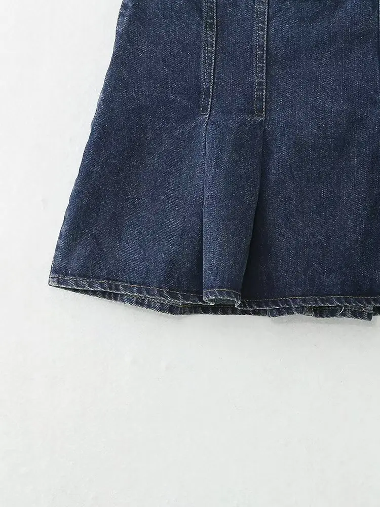 Withered British Fashion Blogger High Street Pleated A-line Denim Skirt High-Waisted Sexy Mini Skirt For Women