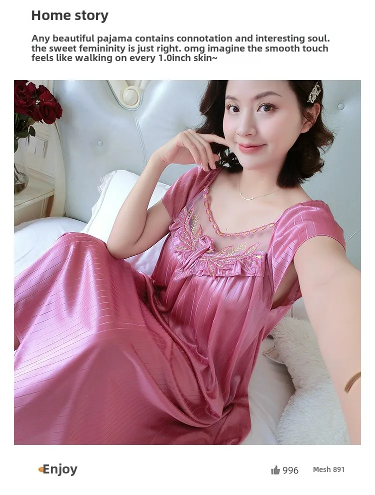Ladies Nightdress Sexy Ice Lace Large Size Solid Color Flower Pajamas Thin Short-sleeved Lace Skirt Night Dress Women Dress