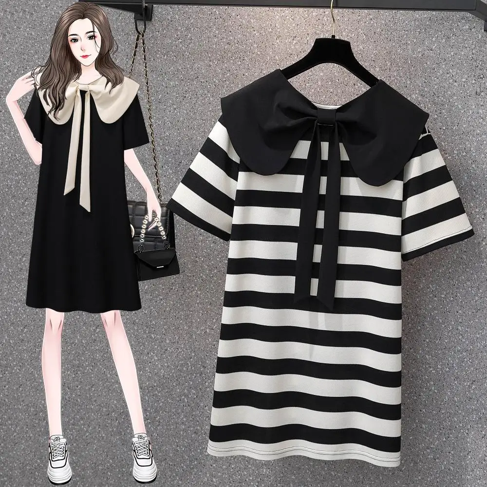 

Платье женское хлопковое с коротким рукавом, элегантная Двусторонняя Футболка с принтом в полоску, с кукольным воротником, большие размеры, на лето