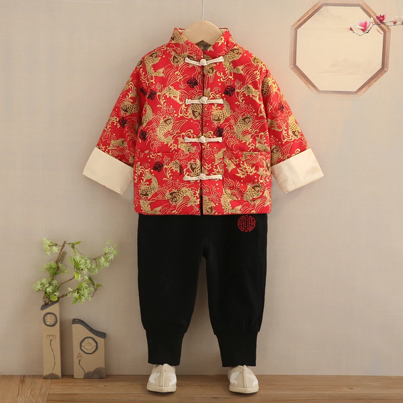 New Year Tang Suit Chinese Traditional Clothing for Kids Baby Hanfu 2Pcs Sets Cotton Long Sleeve Embroidery Winter Boy Girl Gift