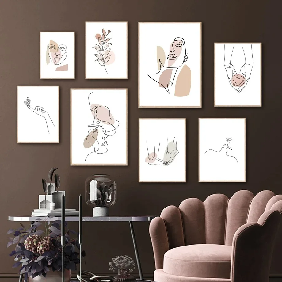 WallArtCanvasPaintingLineDrewBodyLoverFaceHandsPlantLeaves