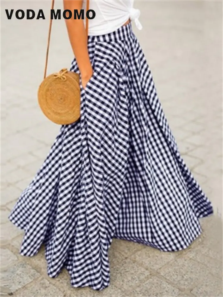 

Summer Plaid Long Skirts A-line Skirts Vintage Plaid Womens Skirts Bohemian Skirts High Waist Maxi Casual Elastic Casual Pockets