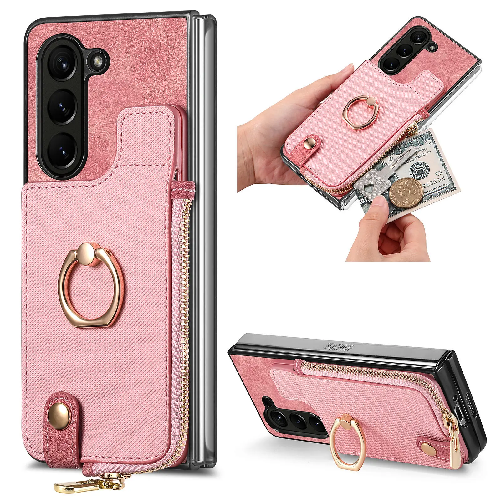 

For Samsung Z Fold5 Folding Screen Phone Case Rotating Finger Ring Bracket Zipper Card Bag Leather Protective Cover