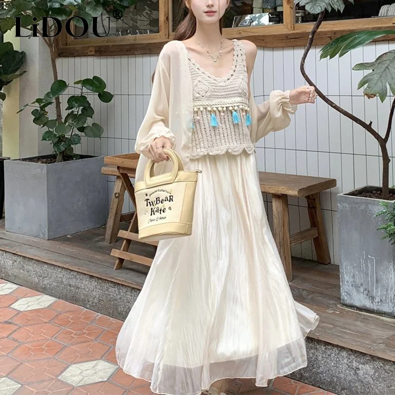 Spring Summer Ethnic Style Hooked Hollow Out Camisole Sunscreen Shirt High Waist Skirt Three Pieces Set Suit Women's Clothing