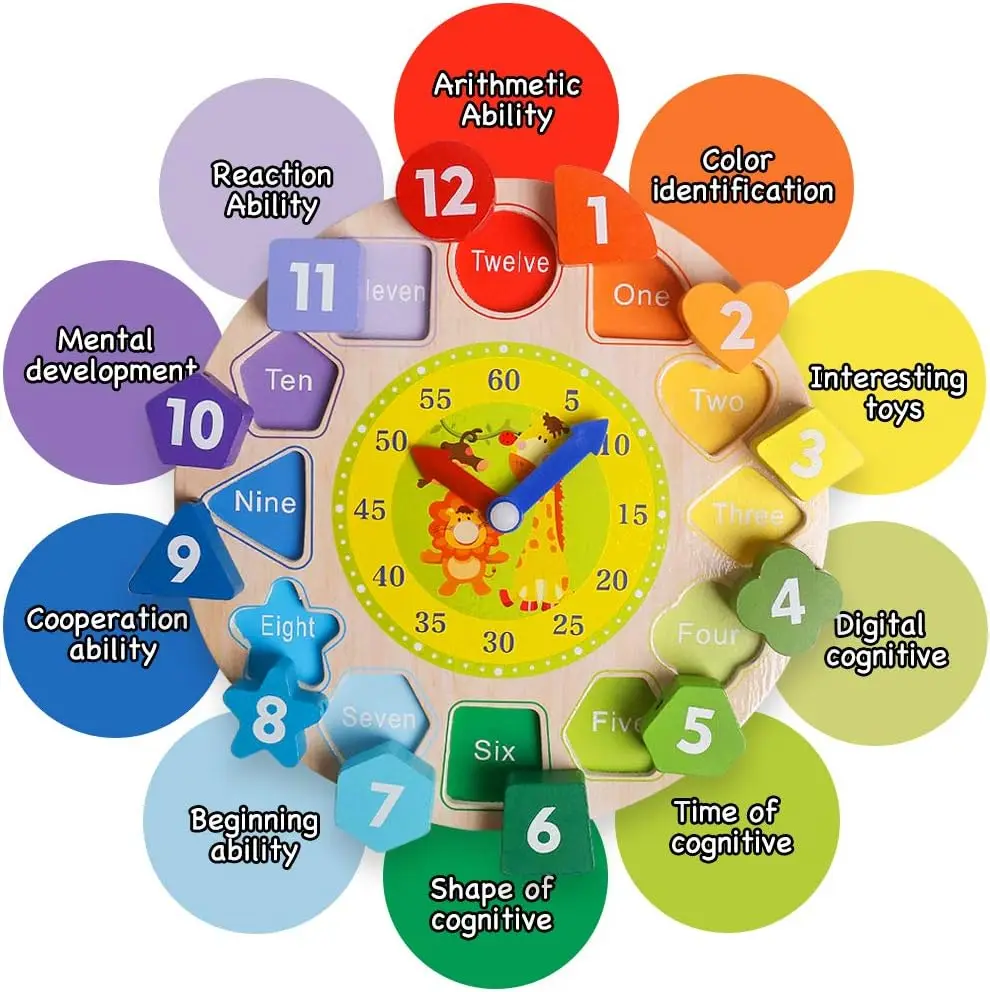 Educational Toys Wooden Clock Toys Time Clock Toy for Kids Wooden Time Learning Shape Sorting Color Game Montessori Early Education Math Set Baby Jigsaw Play Tool