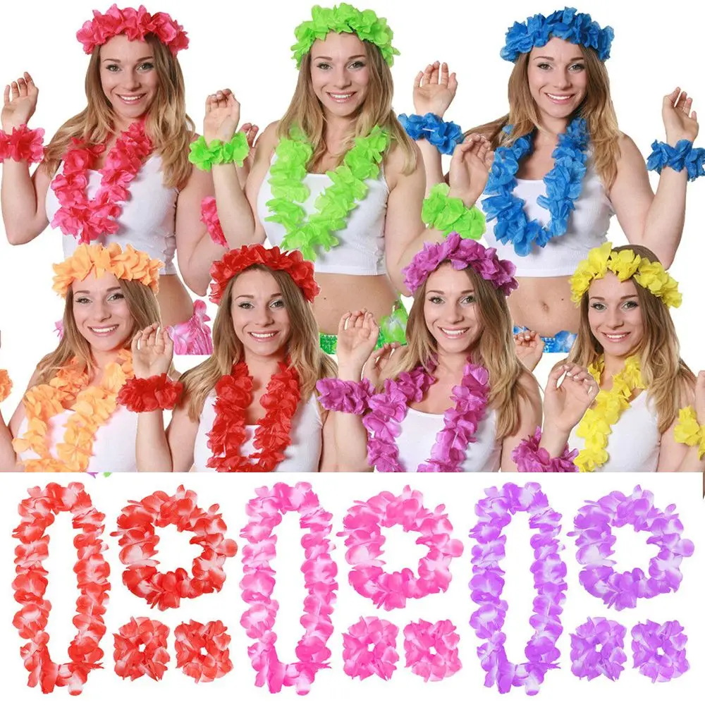 Hawaiian Party Supplies 4pcs/set Hawaiian Flower Lei Hula Necklace Garland Headband Wristbands Wedding Decorations Beach Tropical Party Supplies