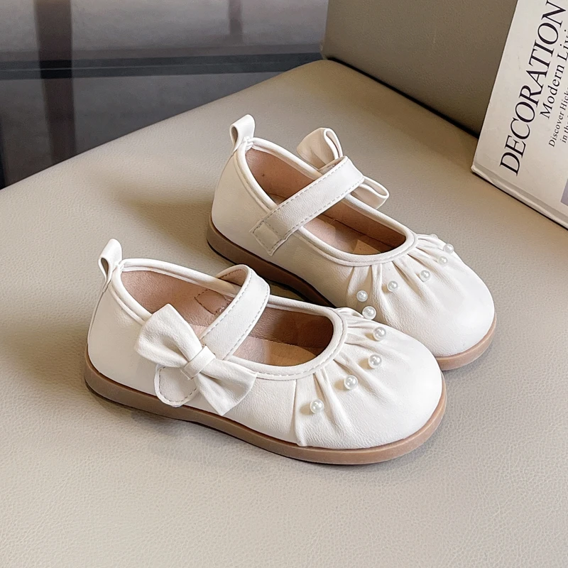 Leather Kids Flat Shoes for Girls with Bowknot and Pearl
