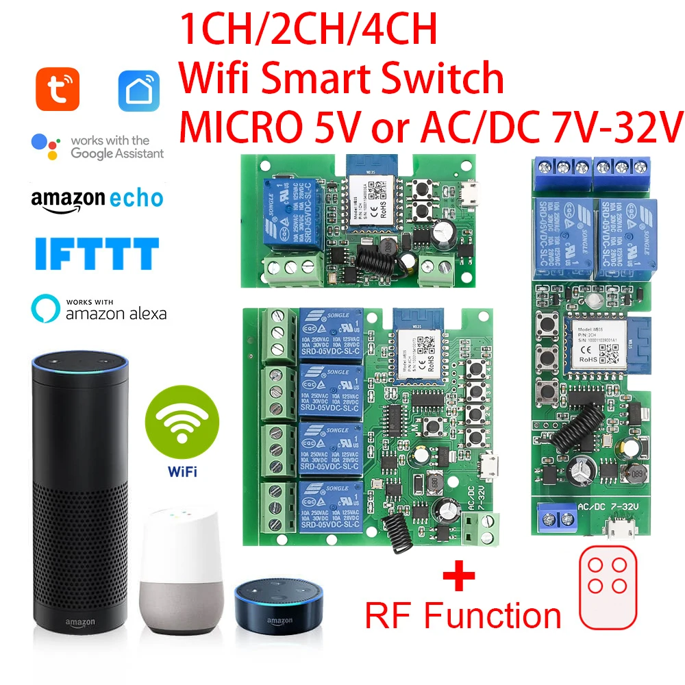 

Tuya RF 433mhz WIFI Switch Module AC/DC 7-32V 1/2/4 Channel Wireless Relay Smart Life APP Remote Control Alexa Googole Home