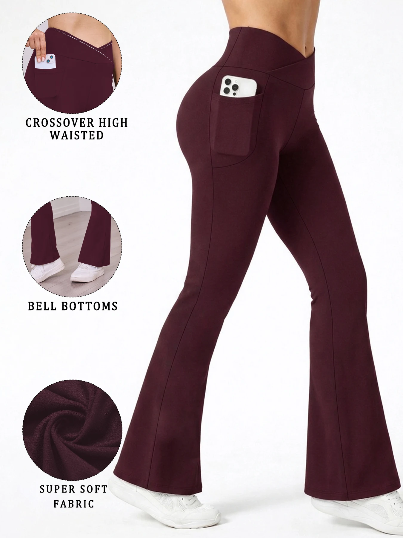 Super Soft Crossover Leggings Women High Waisted Flare with Pockets Tummy Control Yoga Pants 3