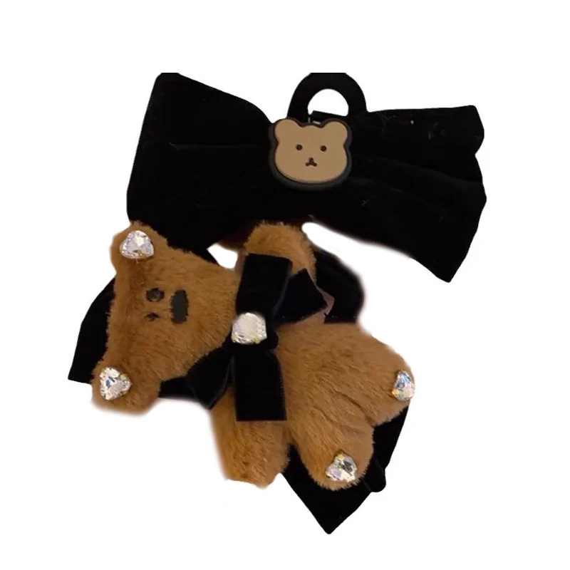1pc Herbst und winter plüsch teddybär bogen clip doppelseitige schwarz haarspange samt disc haar shark clip haar-accessoire – Detail 5