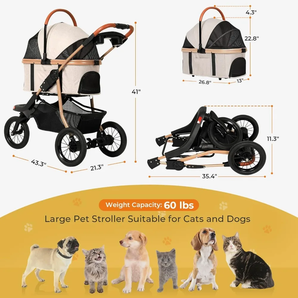 MSmask Pet Stroller, Premium 3-in-1 Large Dog Stroller for Cats/Dogs with Detachable Carrier, Zipperless Dual Entry, Foldable