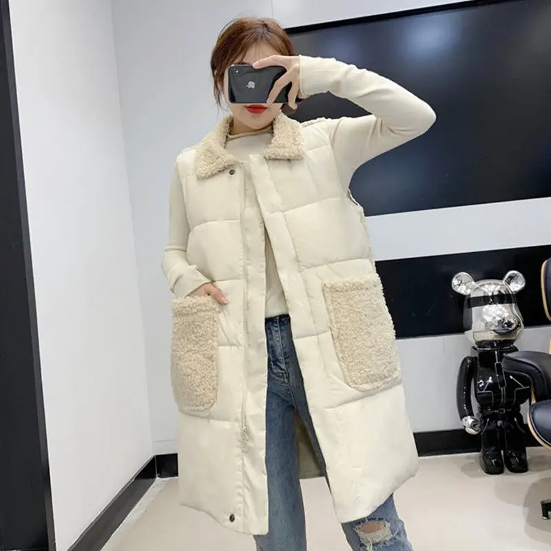 

Women Slim Fit Vest Coat Solid Winter Spliced Puffer Jacket Turn Down Neck Casual Windbreaker Padded Warm Sleeveless T344