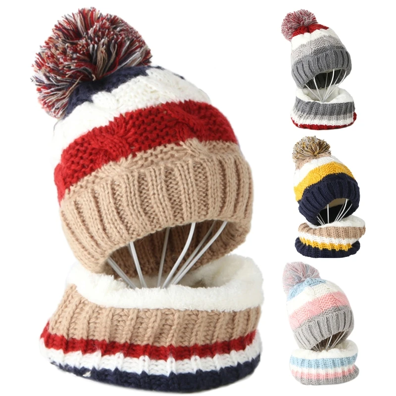 

2Pcs Kids Winter Knitted Stripes Hat and Scarf Set Warm Fleece Lining