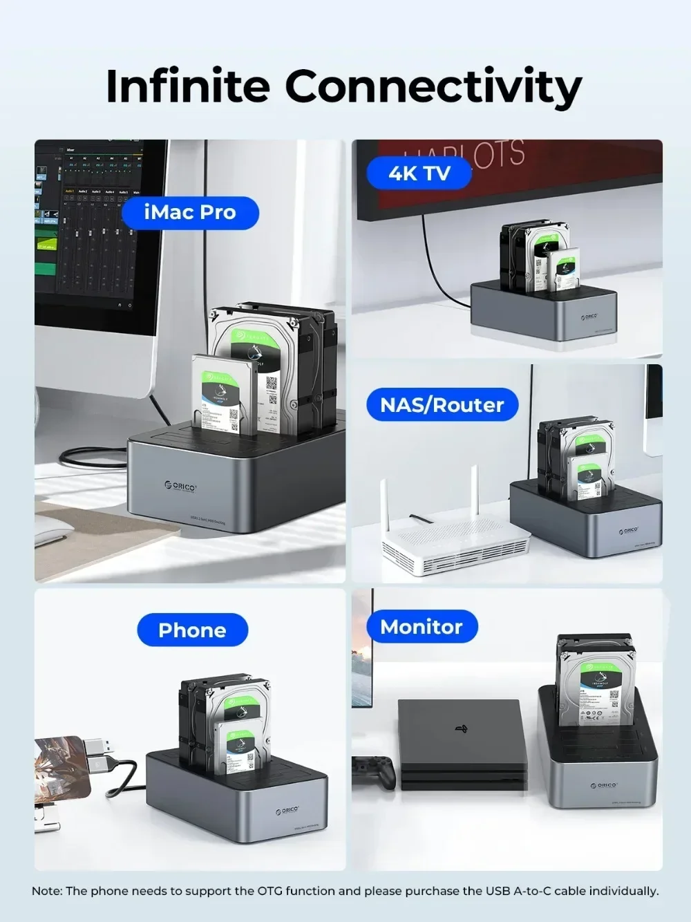 ORICO 2.5/3.5인치 하드 드라이브 도킹 스테이션 알루미늄 SATA - Type-C 5Gbps, 2.5/3.5인치 HDD/SSD 박스용 오프라인 복제 기능 포함