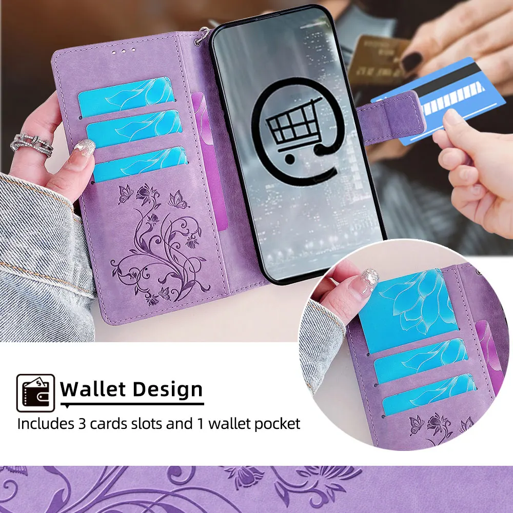 Embossed Solid Color Leather Wallet Case - Premium Protective Cover
