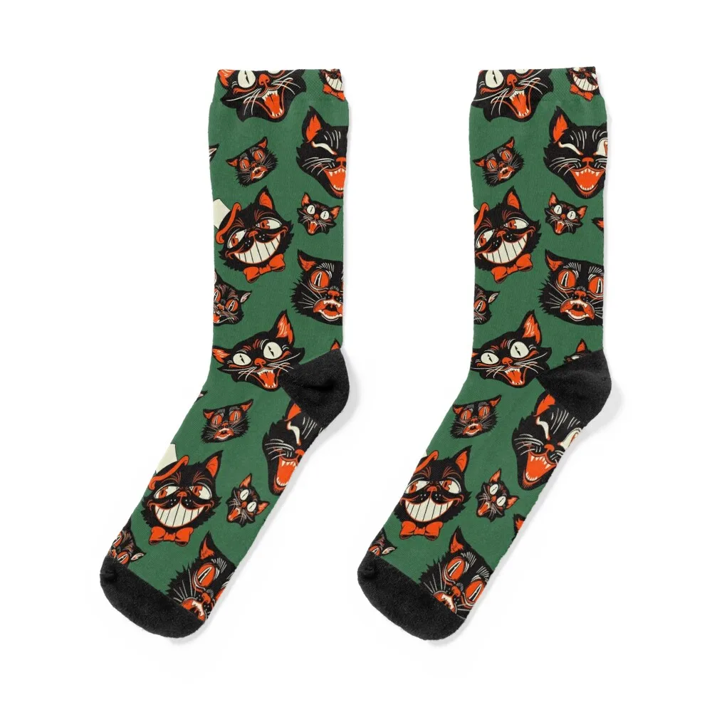 

Retro Vintage Halloween Black Cat Faces Pattern - GREEN Background Socks winter gifts anime Socks Women's Men's