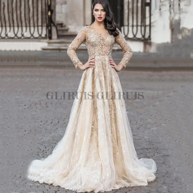 

Champange Long Sleeves Boho Wedding Dresses 2022 Suknia Lubna Illusion Neck Lace Appliques Beaded Bridal Gowns Robe de Mariee