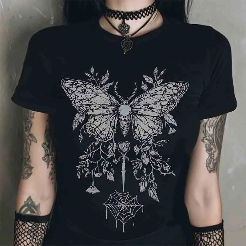 Pentagram Moth and Spider Web T-shirt, Cute Yet Eerie Y2K Pastel Gothic Style, Pastoral Dark Preppy Style Alternative Punk Style 1