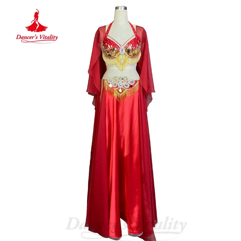 

Комплект для выступлений BellyDance, индивидуальный высококачественный бюстгальтер с кисточками и линзами + атласная длинная юбка с разрезом, одежда для соревнований по восточным танцам, 2 шт.