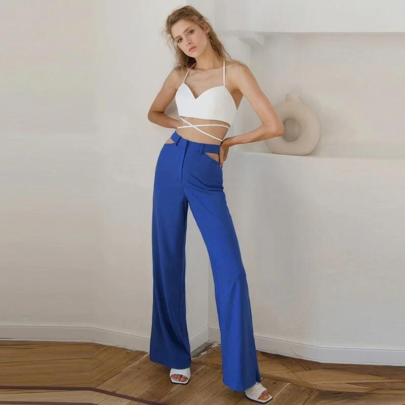 

Fall Thin Trousers Loose Wide-leg 2021 New Pants Blue Hollow Sexy Female Fashion Casual Trend High Waist Stretch Pants Women
