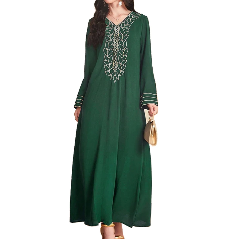 Vintage Women Embroidery Abaya Muslim Embroidery Fashion Loose Evening Dress Casual Long Sleeves V-Neck Blue Ladies Dresses
