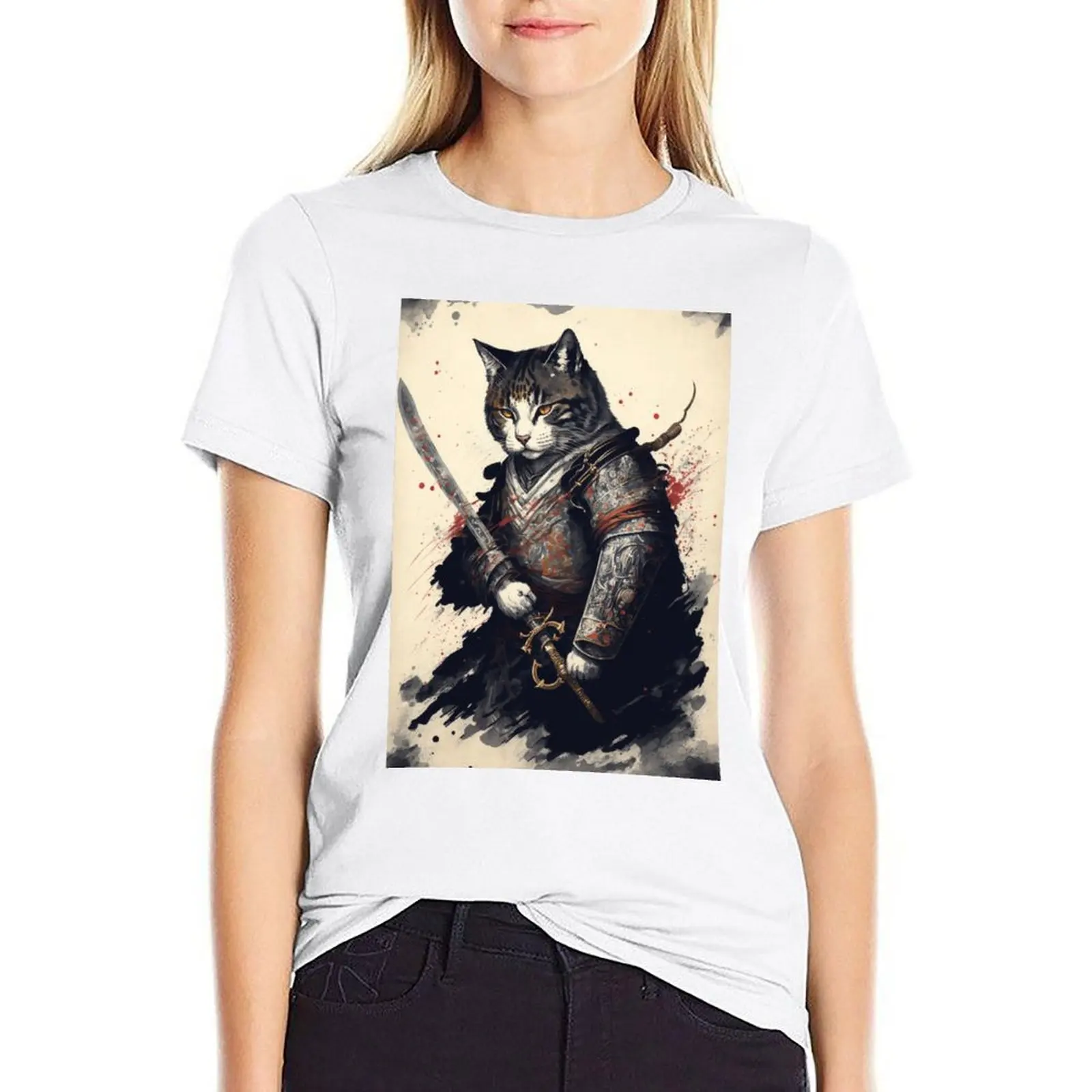Samurai cat T-shirt lady clothes summer top hippie clothes Womens graphic t shirts